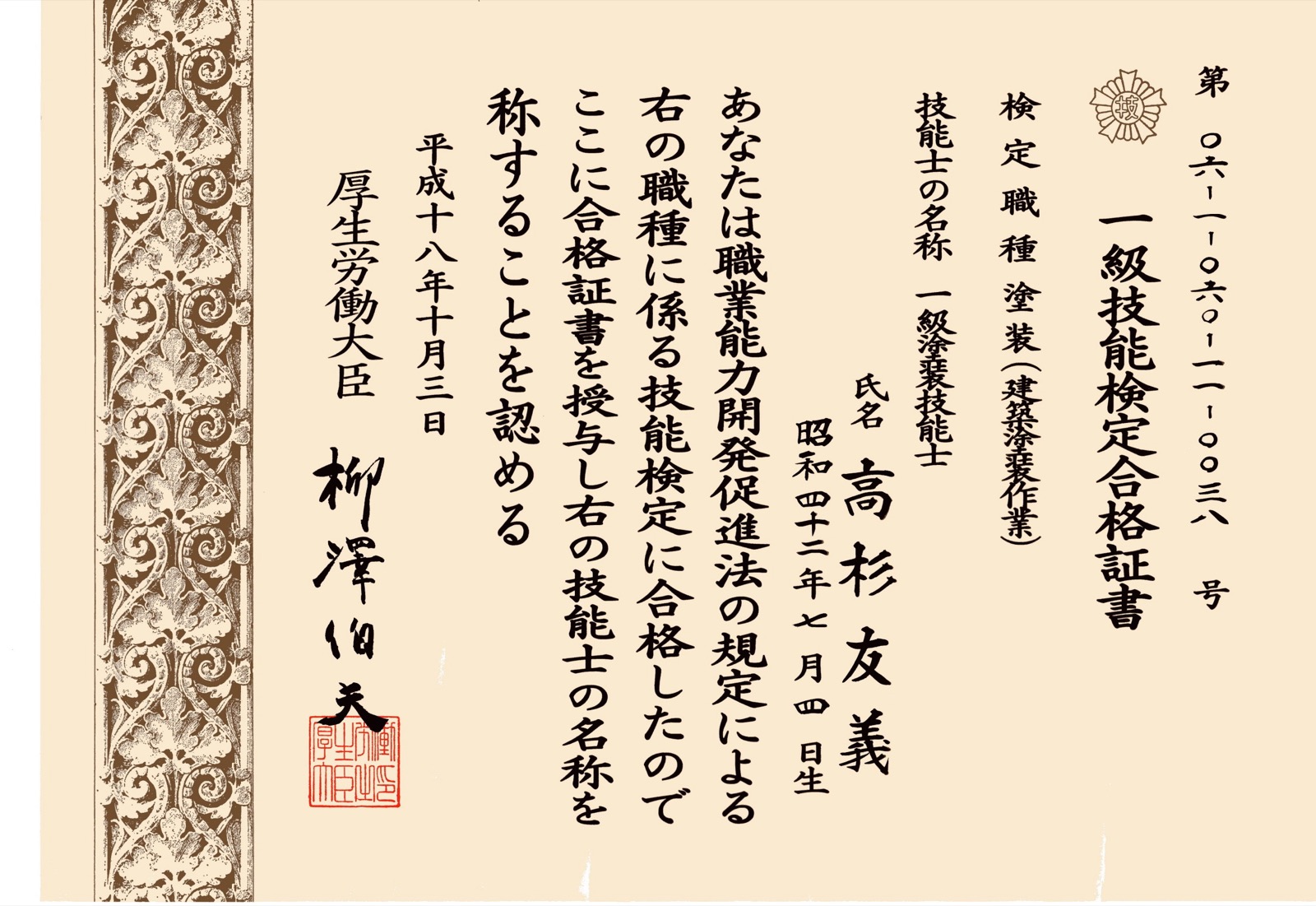 1級建築塗装技能士 合格証書